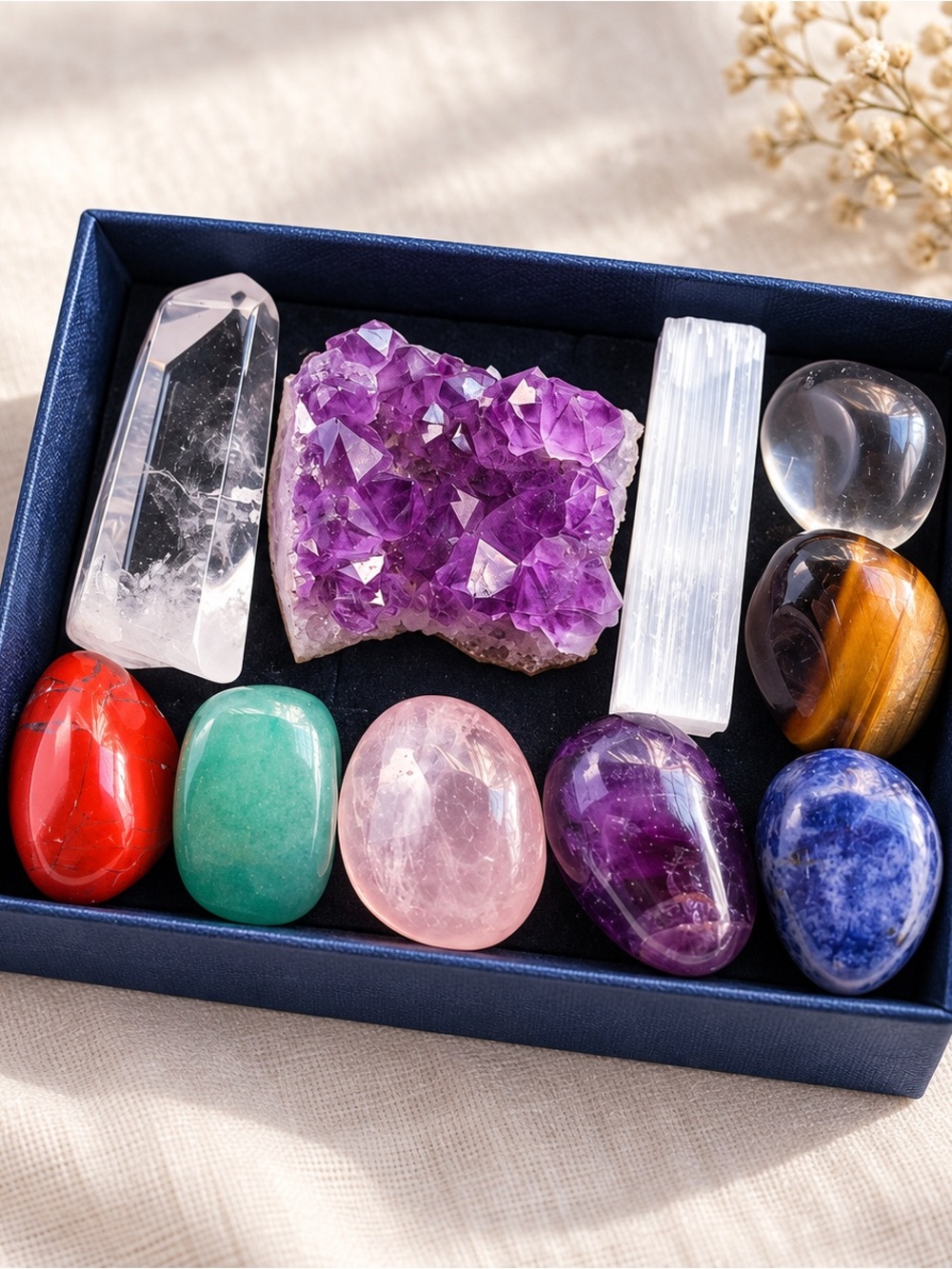 Boxed Gemstone Gift Set, Amethyst, Clear Quartz, Selenite, Crystal Charka Set - Picture 1 of 3